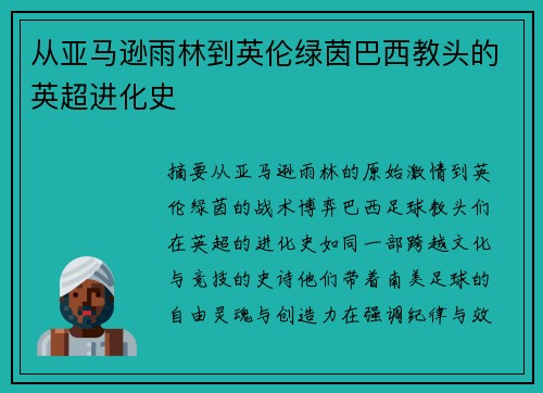 从亚马逊雨林到英伦绿茵巴西教头的英超进化史
